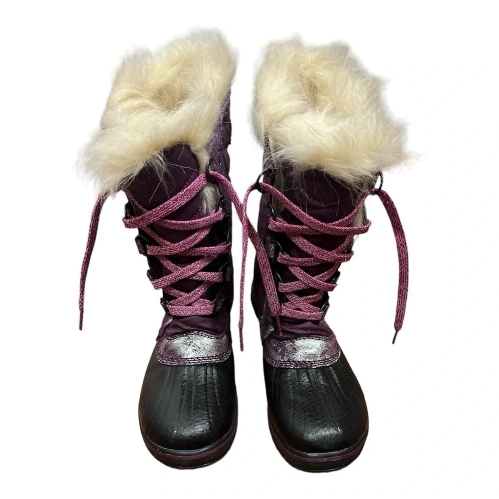 Sorel Tofino II Snow Boots Quilted Faux Fur Purple Shimmer EUC Sz 5